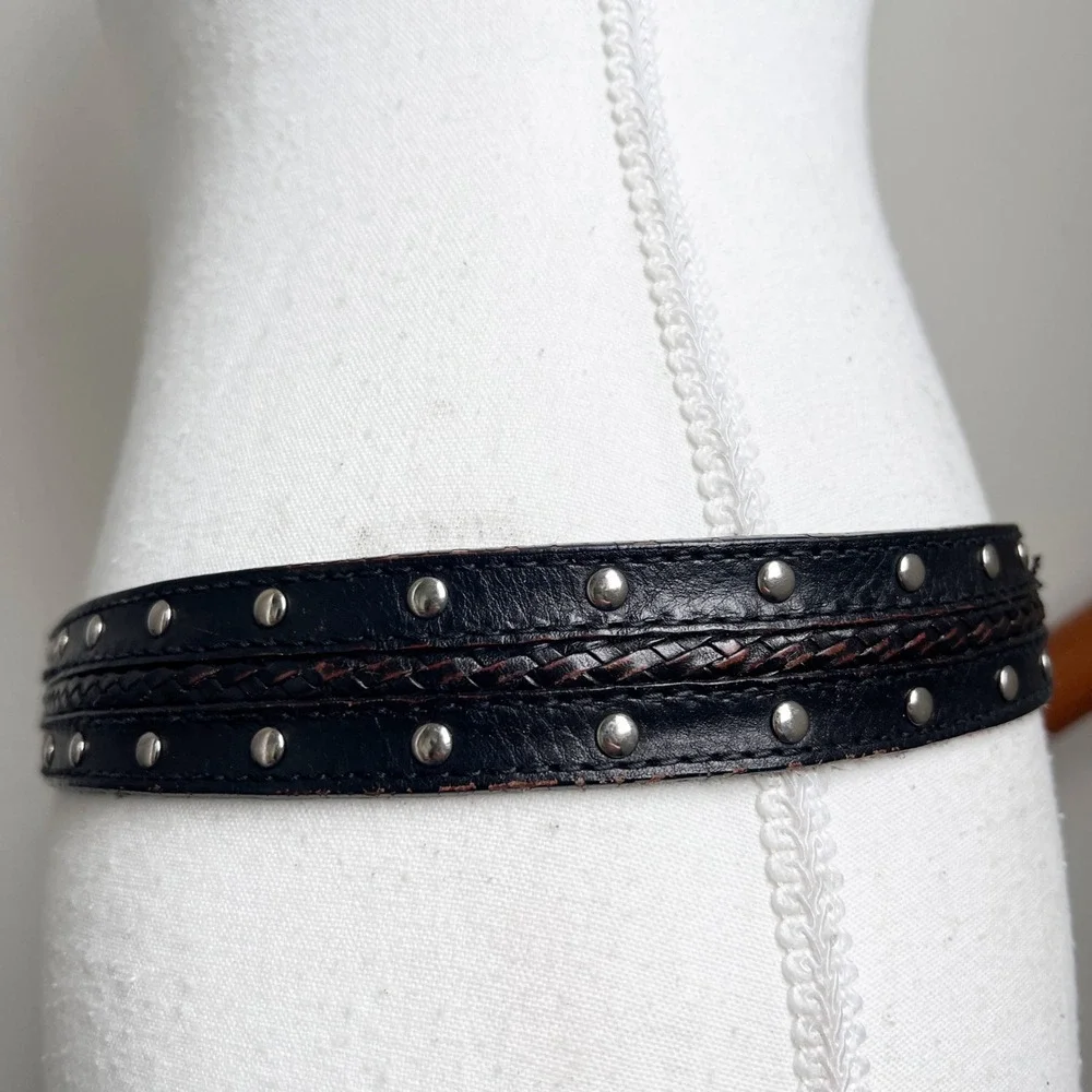 Vintage Black Leather Studded Distressed Boho Biker Belt Braided Michael Kors - Picture 4 of 12